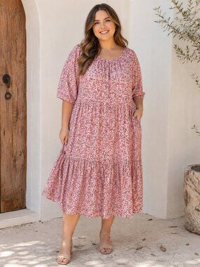 Ellos Pink Ditsy Floral Tiered Midi Dress Womens 18/20 Cottage Prairie Casual